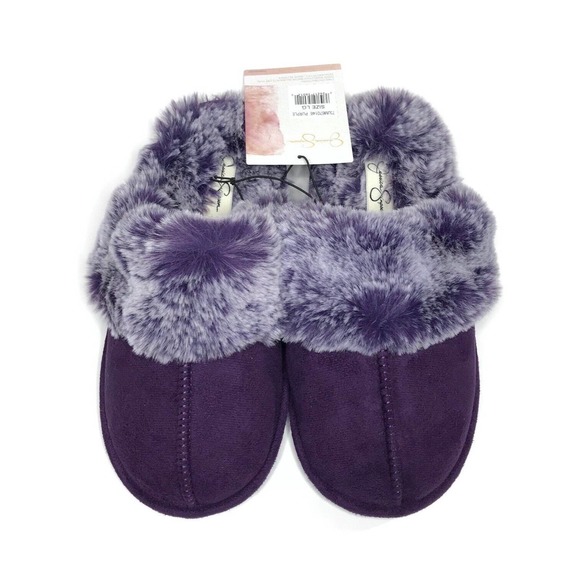 Jessica Simpson Faux Fur Slippers Shoes Memory Foam Purple Women's Sz L 8-9 NWT - Picture 2 of 10